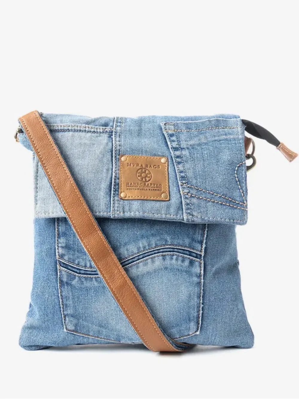 MYRA Denim Crossbody Bag with Tan Leather Accents